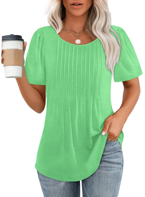 Women's Short Sleeve Pleated Scooped Neck Tops (Buy 3 Free Shipping)