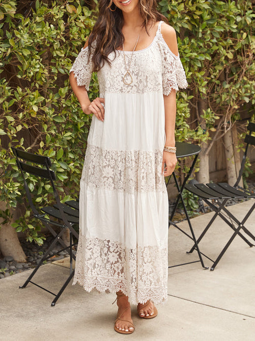 Lace Floral Stitching Off The Shoulder Maxi Dress