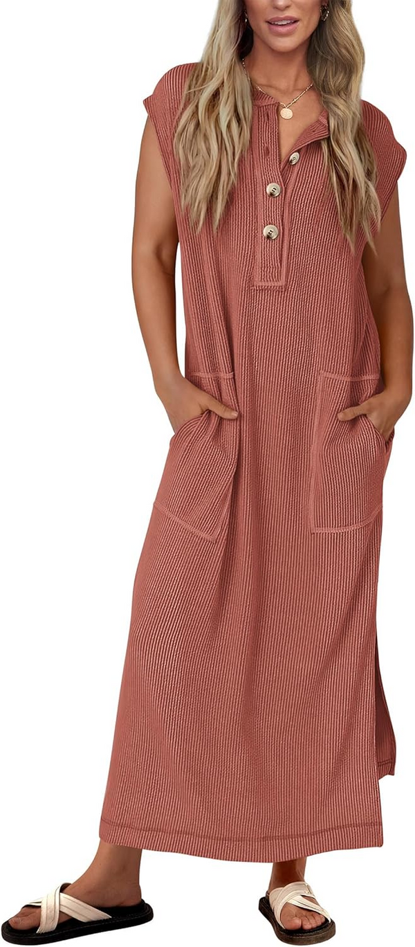 Women's Ribbed Henley Button Up Split Long Dress (Buy 2 Free Shipping)