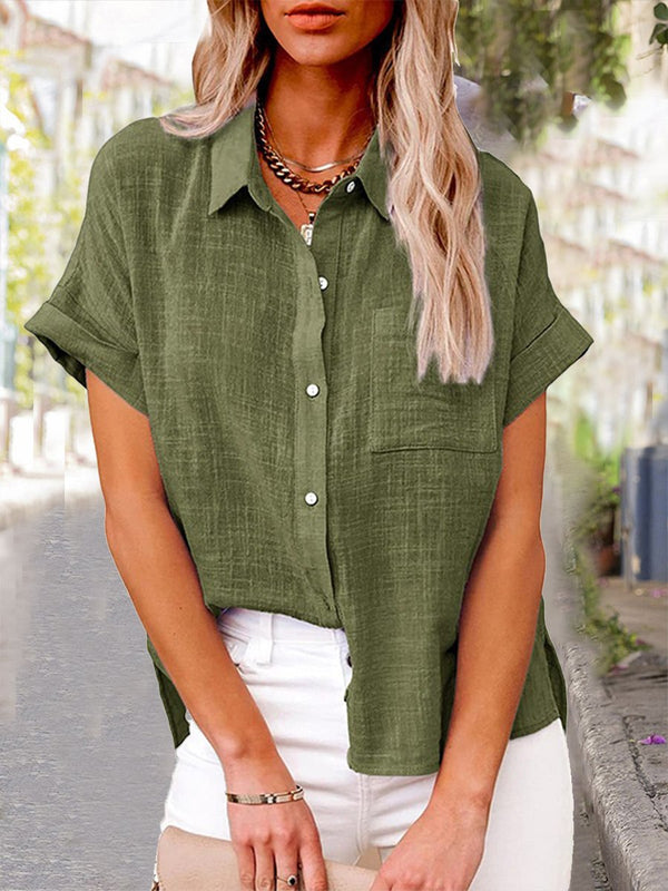 Women's Solid Color Pocket Short Sleeve Cotton Linen Shirt