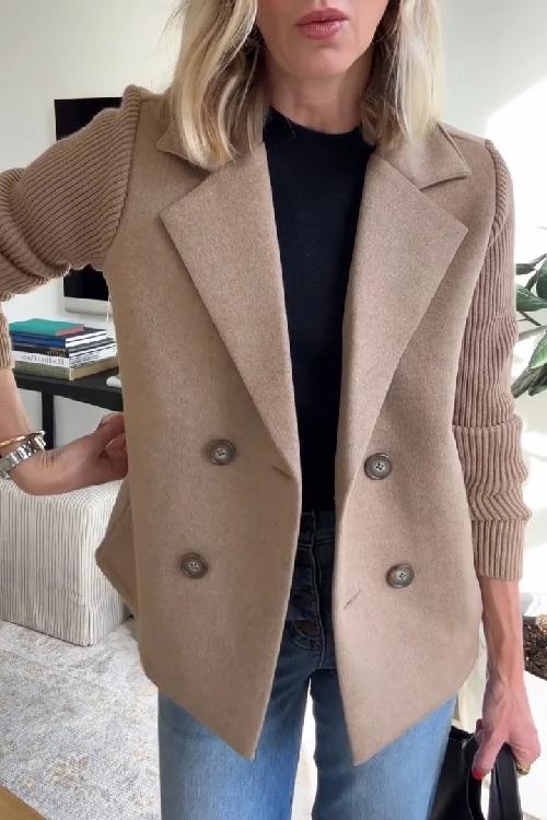 Lapel Knitted Patchwork Sleeve Casual Coat